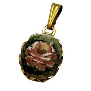 Dainty Vintage Mini Floral Pendant Gold-Tone Oval Frame Delicate Hand-Painted